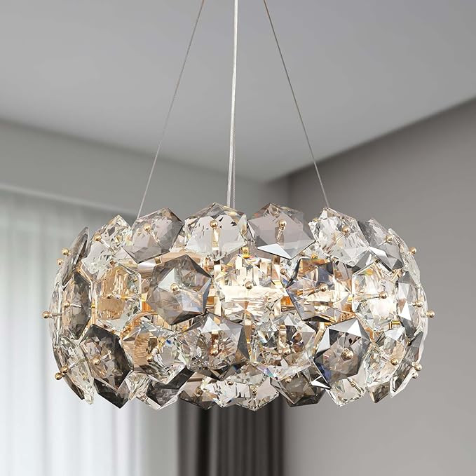 Crystal Chandelier, 9-Lights 20 Inch Gold Modern Round Pendant Lights, Hexagonal Crystals Surroun... | Amazon (US)