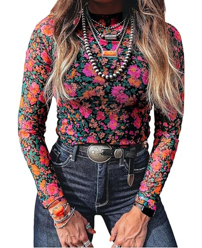 SELINK Long Sleeve Mesh Tops for Women Floral Print Sheer Blouses Mock Neck See Through Shirts | Amazon (US)
