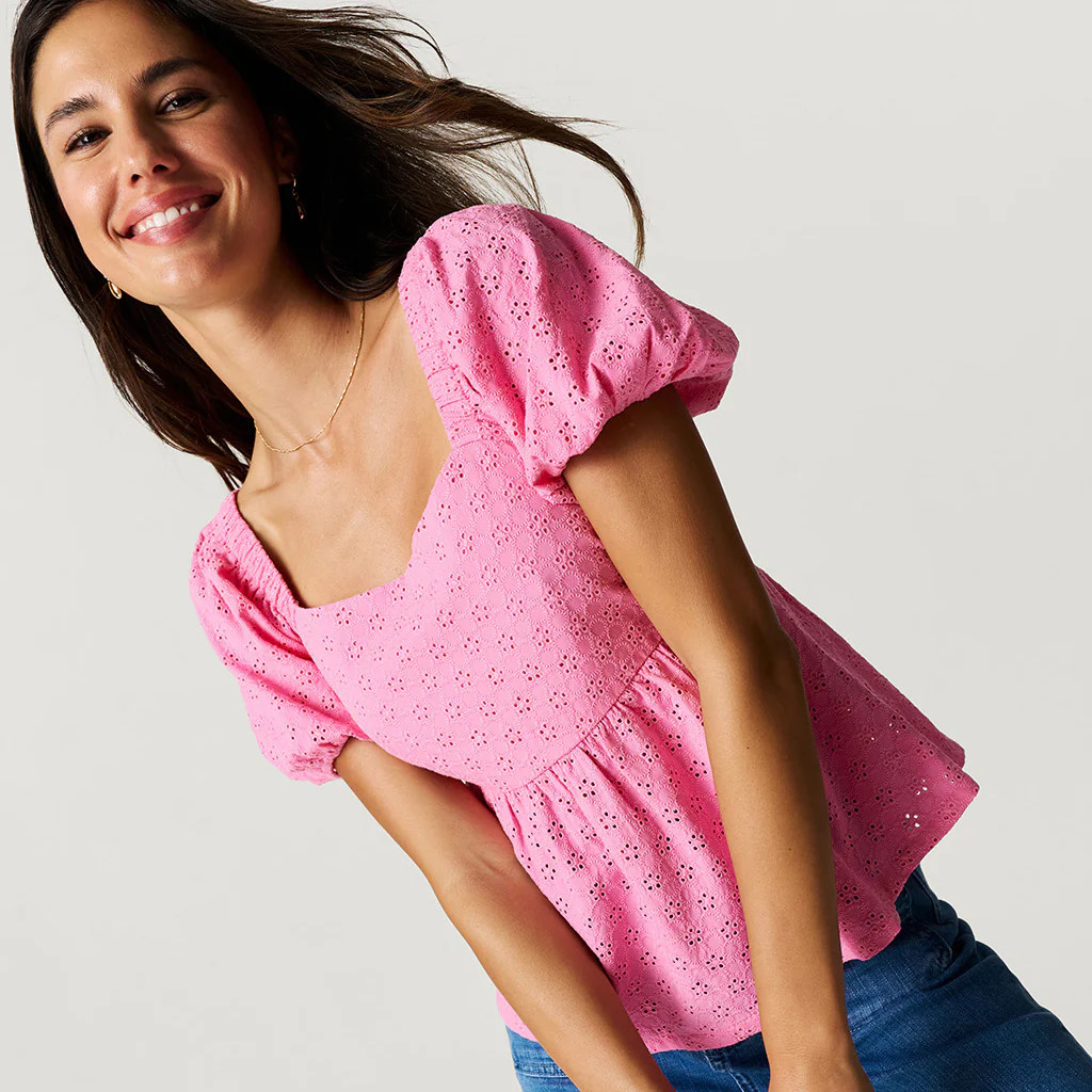 Solid Pink Puff Sleeve Aurora Pink Women's Eyelet Babydoll Top | Posh Peanut® | Posh Peanut