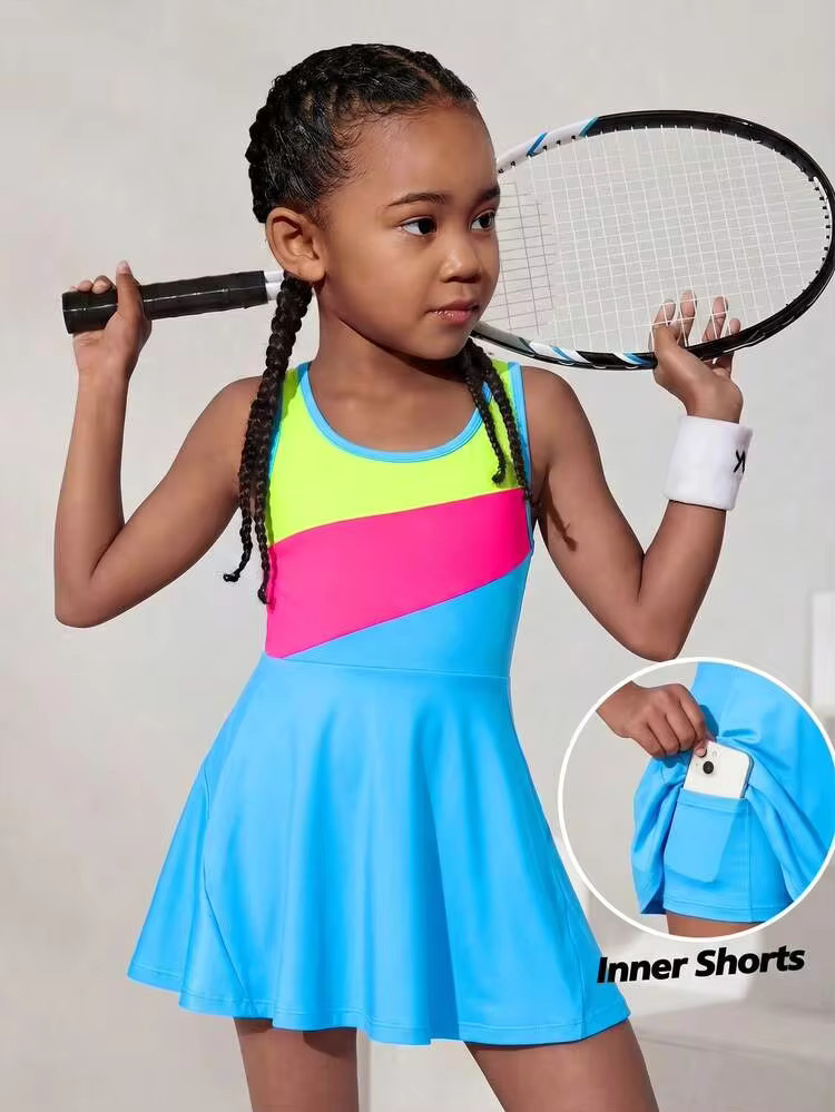 SHEIN Young Girl Sleeveless Knit Sporty Casual Color Block Dress | SHEIN