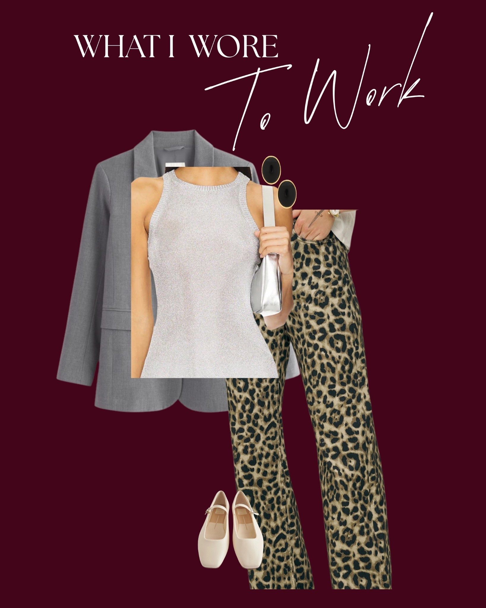 Sparkle tank from s two piece GUIZIO set paired with my Reformation leopard print jeans and grey Zara blazer. For comfort, I finished it off with cream Dolce Vita flats and black and gold statement earrings from Lovers and Friends. 

#LTKootd #LTKWorkwear #LTKMidsize