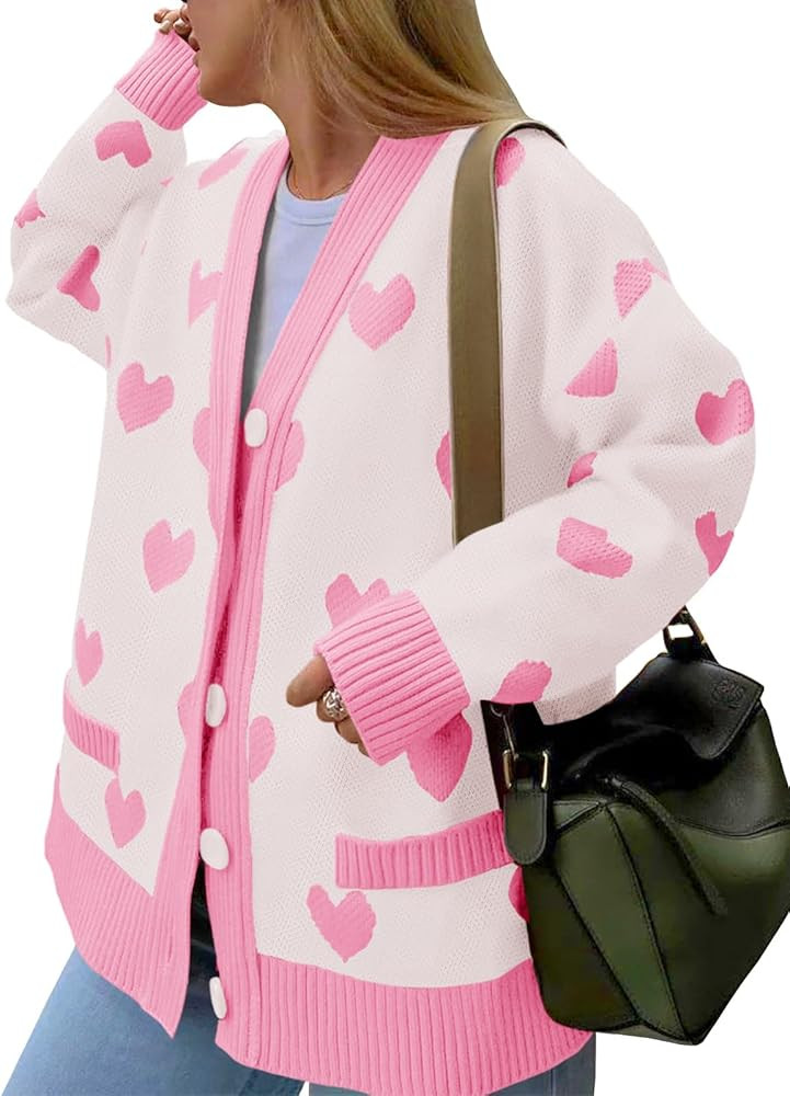 Saodimallsu Womens Oversized Heart Cardigan Color Block V Neck Button Long Sleeve Chunky Valentin... | Amazon (US)