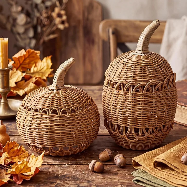 11.8 inch Thanksgiving Day Rattan Pumpkin Decoration with 2 LED Light Strings, Rustic Woven Fall ... | Walmart (US)