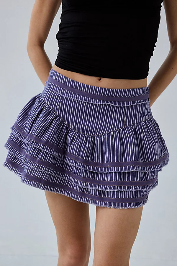 Kimchi Blue Jo Cotton Ruffle Mini Skirt in Navy Stripe, Women's at Urban Outfitters | Urban Outfitters (US and RoW)