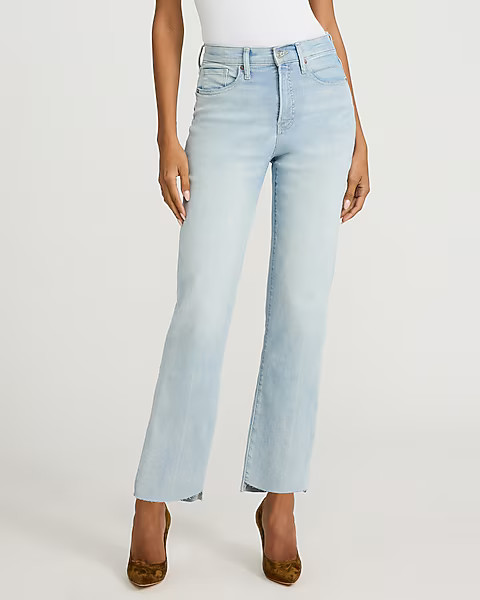 High Waisted Light Wash Raw Hem Straight Ankle Jeans | Express