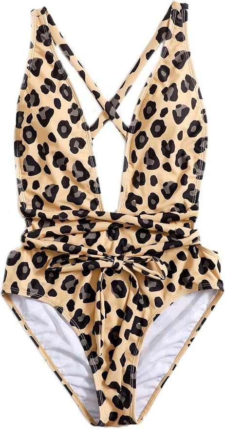 SweatyRocks Women's Sexy Bathing Suits Criss Cross Tie Knot Front Deep V Open Back Leopard One Pi... | Amazon (US)