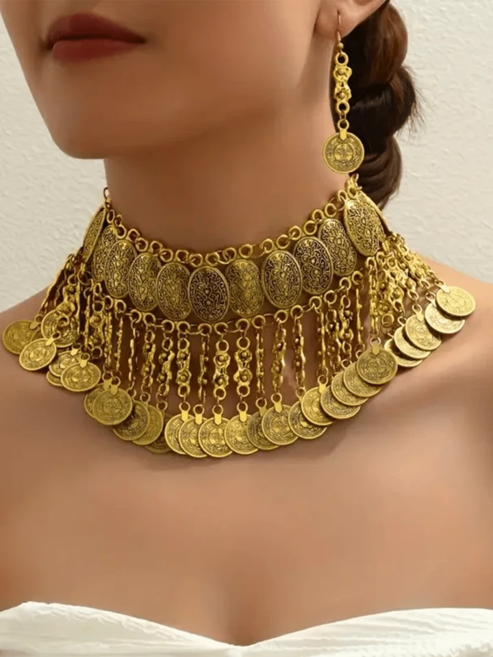 1 Pc Pair Of Earrings+1 Necklace Is A Gorgeous Jewelry Set With A Vintage Coin Design In Gold Or ... | SHEIN