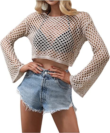 Kedera Womens Cropped Knit Top Long Sleeve Crochet Hollow Out Crewneck Sweater Crop Tops | Amazon (US)