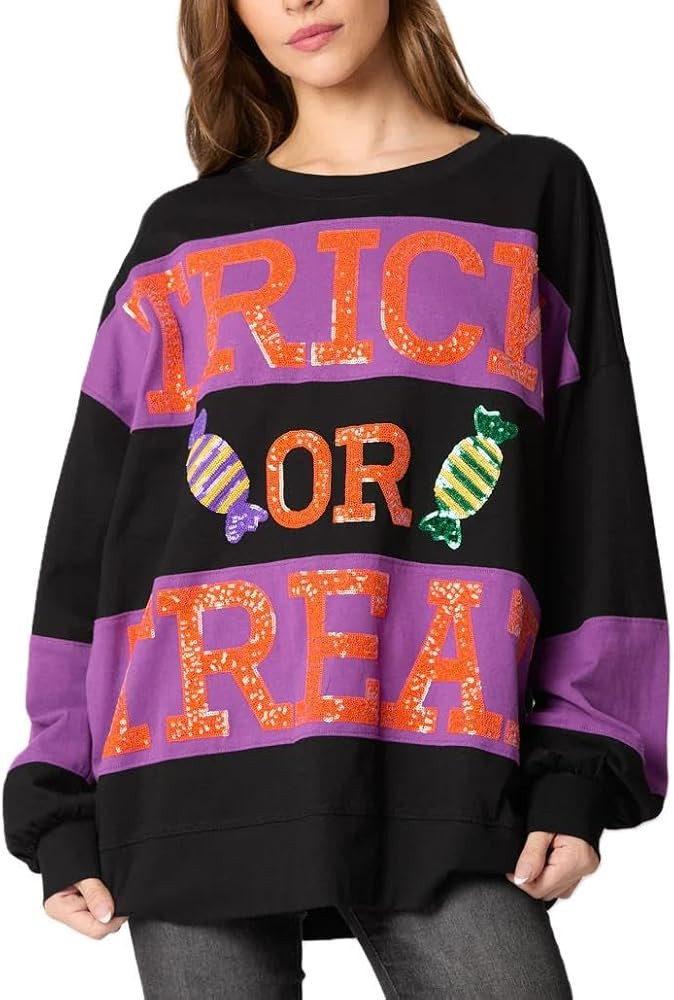 Ghost Graphic Halloween Sweatshirt for Women Sequin Pumpkin Pattern Long Sleeve Shirts Oversized ... | Amazon (US)