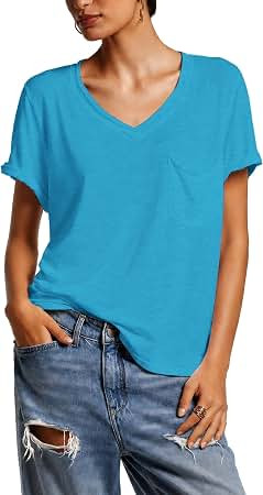 Peaceglad Womens Short Sleeve V Neck T Shirts Cotton Summer Short Sleeve Tops Tees with Pockets | Amazon (US)