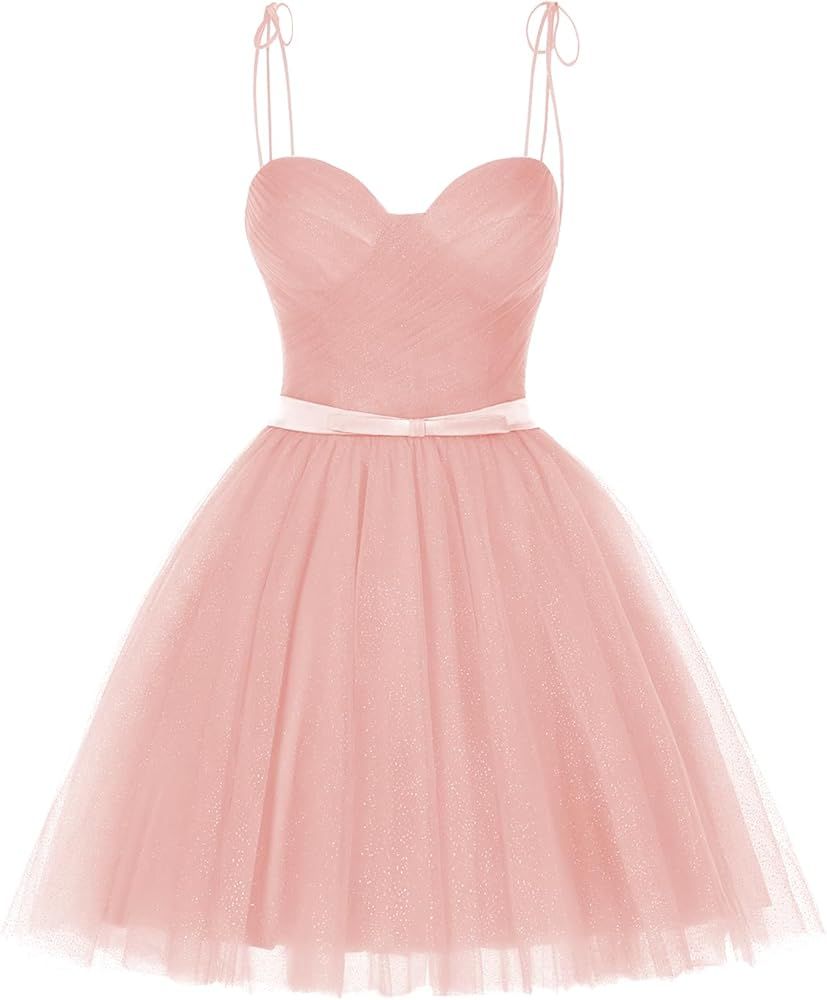 Dessiny Short Homecoming Dress for Teens 2023 Spaghetti Strap Princess Glitter Tulle Short Prom D... | Amazon (US)