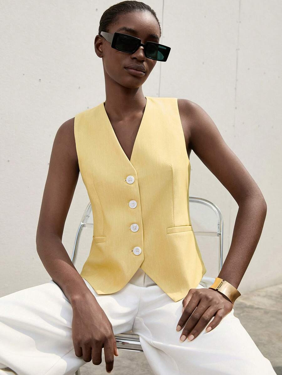 Aveloria Modichic Solid Color V-Neck Sleeveless Casual Suit Vest With Front Buttons | SHEIN