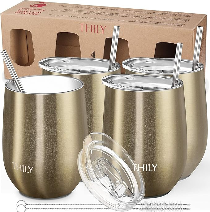Stainless Steel Insulated Wine Tumbler - THILY 4 Pack Stemless Wine Glasses Set with Lid and Stra... | Amazon (US)
