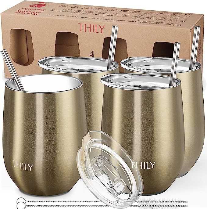 Stainless Steel Insulated Wine Tumbler - THILY 4 Pack Stemless Wine Glasses Set with Lid and Stra... | Amazon (US)