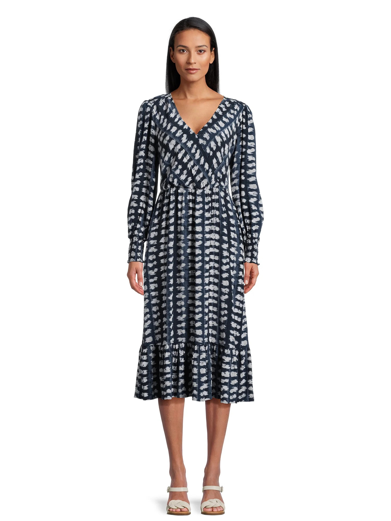 Time and Tru Women’s Faux Wrap Midi Dress, Sizes XS-XXXL | Walmart (US)