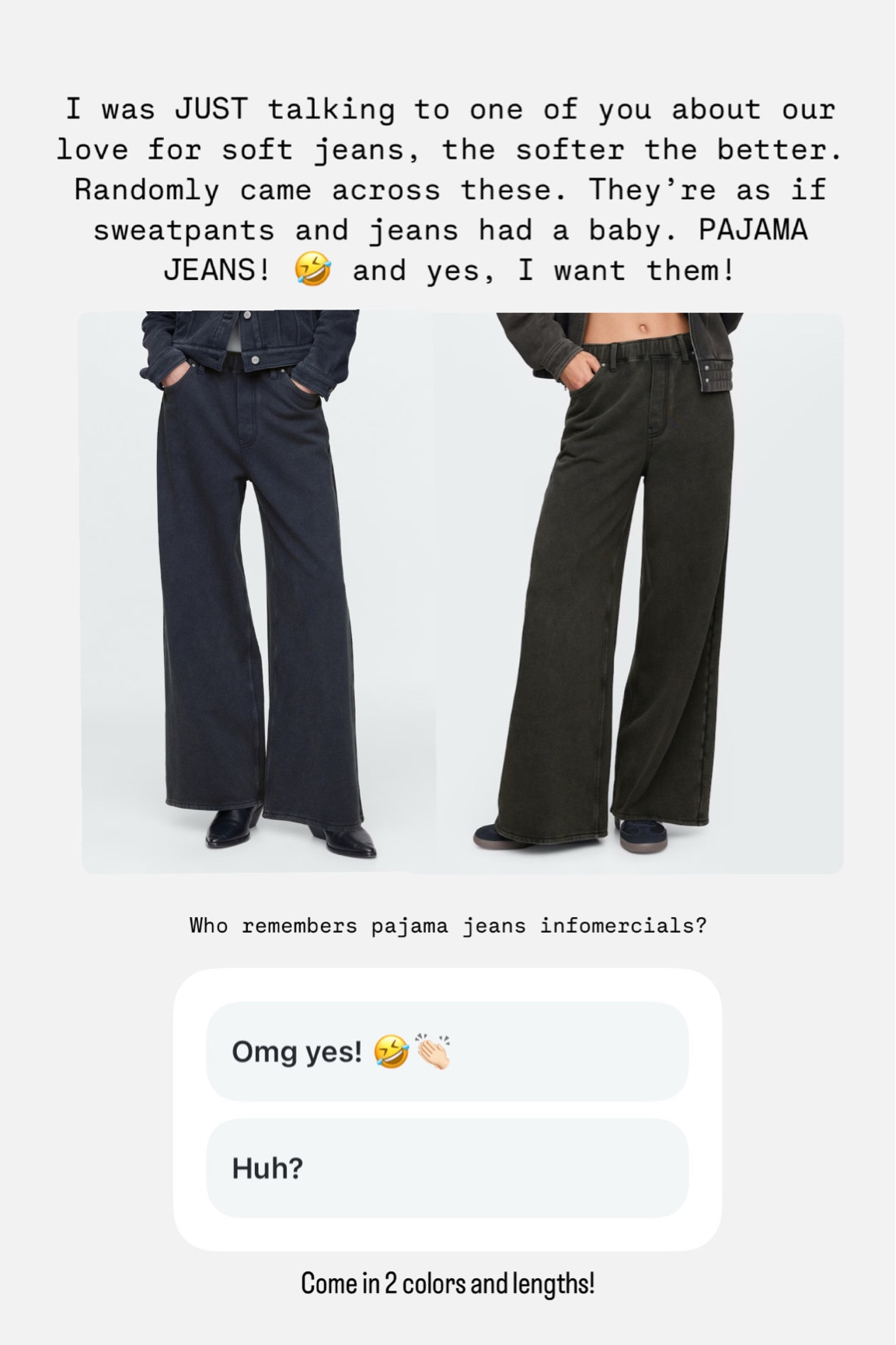 Wide leg sweatpant jeans - come in 2 colors 3 lengths. Also has a matching jacket 

#LTKMidsize #LTKFindsUnder100