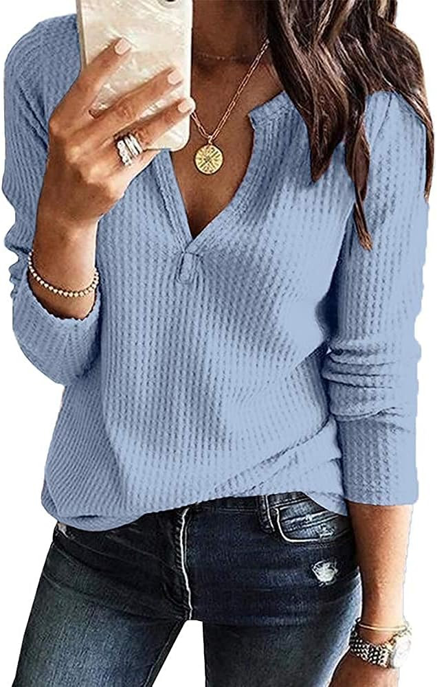 Women's V Neck Waffle Knit Henley Tops Casual Long Sleeve Pullover Sweater Blouses | Amazon (US)