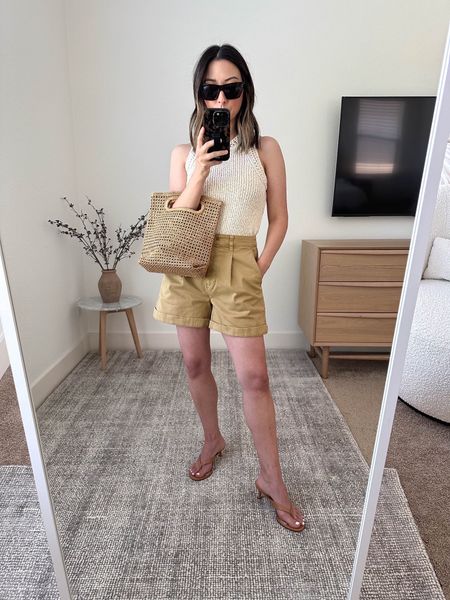 J.Crew New pleated chino shorts. On sale! Love this knit tank, too. 

J.Crew knit Tank xs
J.crew chino shorts 0. Could size down. 
J.Crew sandals 5
J.Crew clench
YSL sunglasses 

Sandals, summer outfit, summer style, petite style, vacation outfit. 

#LTKshoecrush #LTKitbag #LTKsalealert