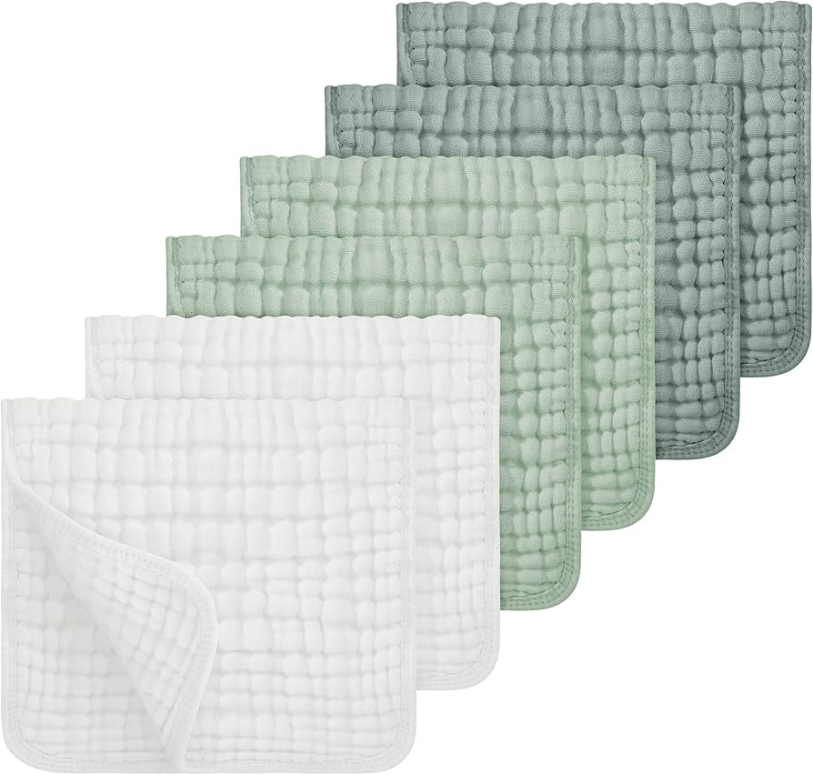 Looxii Muslin Burp Cloths 100% Cotton Muslin Cloths Large 20''x10'' Extra Soft and Absorbent 6 Pack Baby Burping Cloth for Boys and Girls White+Green | Amazon (US)