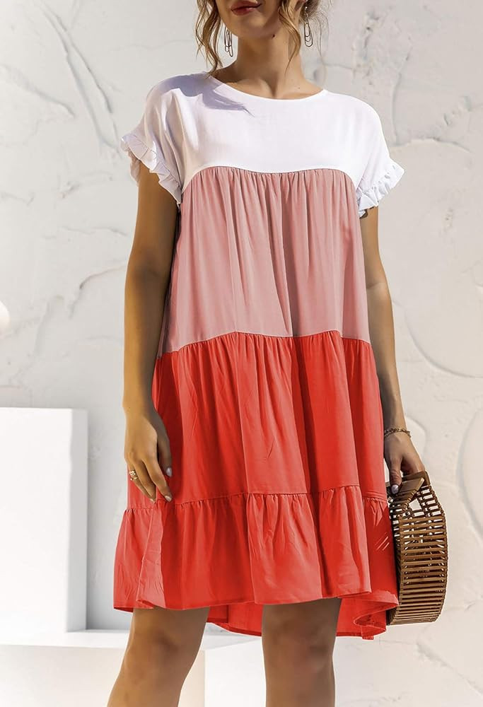 Pink Wind Women's Color Block Crewneck Babydoll Mini Dress Short Sleeve Ruffles Pleated Loose Swing  | Amazon (US)