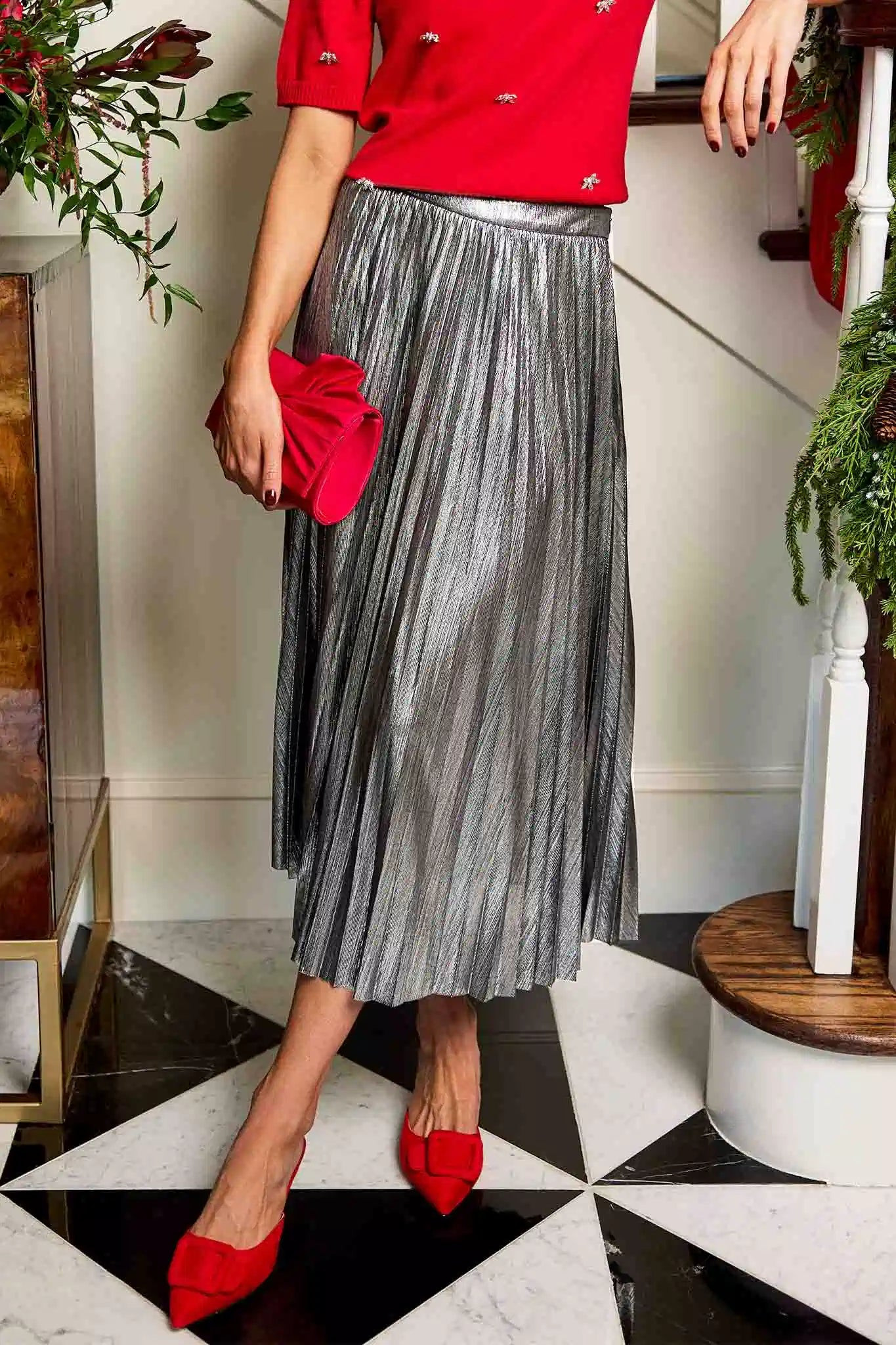 Hensley Silver Pleated Midi Skirt | Avara