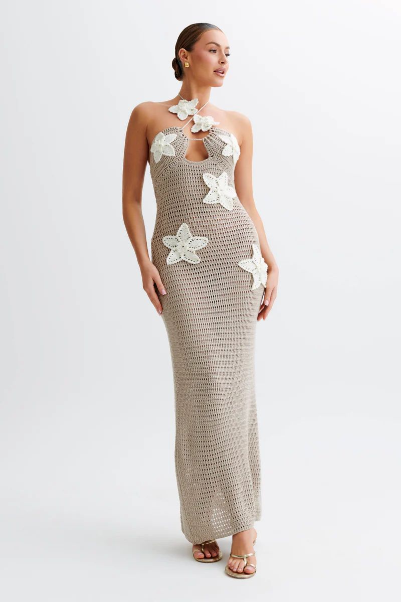 Kyla Floral Crochet Maxi Dress  - Taupe/White | MESHKI US