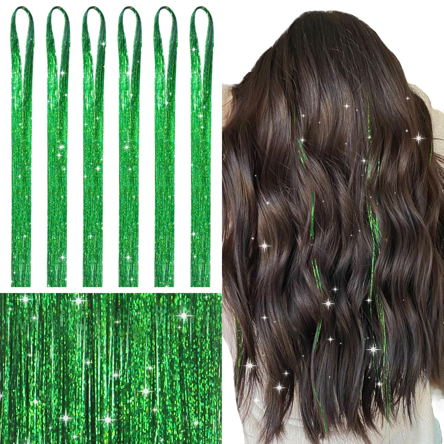 WENNALIFE Hair Tinsel for Girls, Green Fairy Hair Tinsel Kit 1200 Strands 6PCS 48 Inch Heat Resis... | Amazon (US)