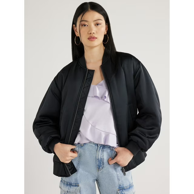 Scoop Women's Oversized Satin Bomber Jacket with Rouched Sleeves, Sizes XS-XXL | Walmart (US)