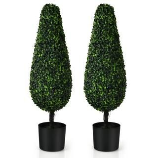 35 in. Green Artificial Boxwood Tower Topiary Tree in Pot UV Resistant Indoor Outdoor (2-Pack) | The Home Depot