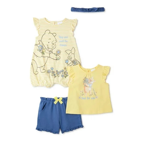 Disney Winnie the Pooh Baby Girl Romper Top Shorts & Headband Outfit Set 4-Piece 0/3-24 Months | Walmart (US)