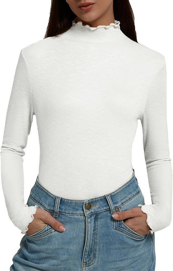 Women's Long Sleeve Shirts Elegant Slim Fit Lettuce Trim Mock Neck Basic Soft Casual Layering Top... | Amazon (US)