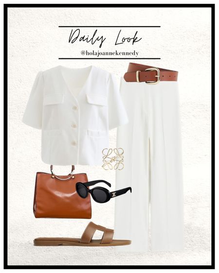 White & tan outfit idea, tan accessories, white and tan, classic outfit idea, Summer workwear outfit, summer style, white shirt sleeved blazer, short sleeved jacket, chicwish jacket, white trousers outfit, tan handbag, tan leather belt, Loewe brooch, tan oran sandals, celine triomphe sunglasses, outfit collage, daily look, outfit flatlay 

#LTKeurope #LTKstyletip #LTKworkwear
