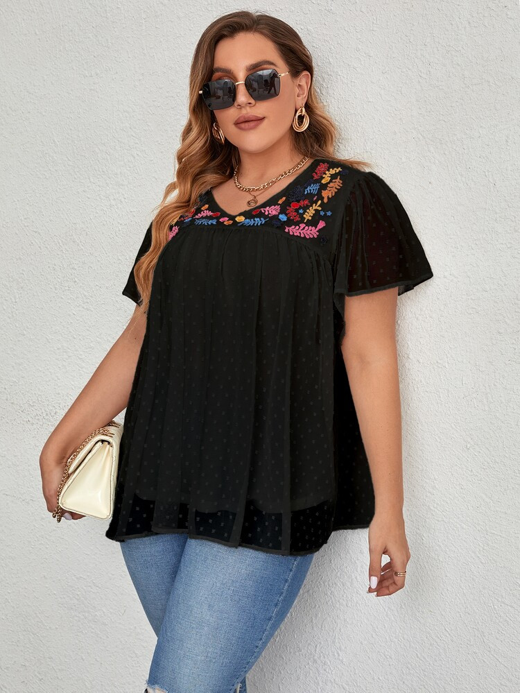 Plus Floral Embroidery Swiss Dot Butterfly Sleeve Chiffon Blouse | SHEIN