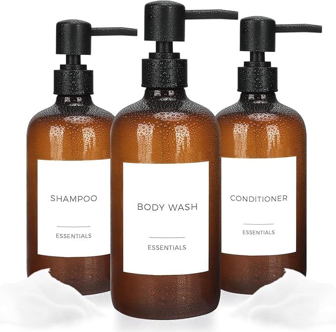 Shampoo and Conditioner Dispenser Set of 3 Plastic Amber Shower Soap Bottles with Pump and Labels... | Amazon (US)