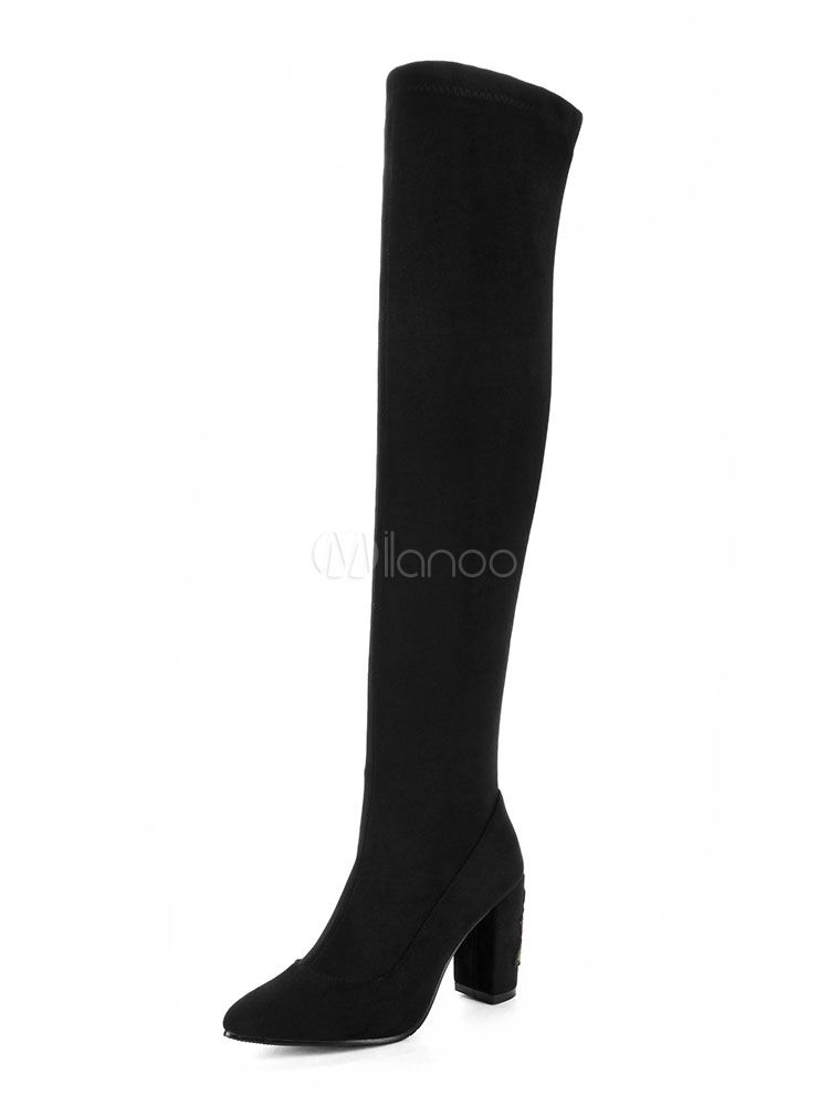 Thigh High Boots Black Suede Boots Pointed Toe High Heel Over Knee Boots For Women | Milanoo