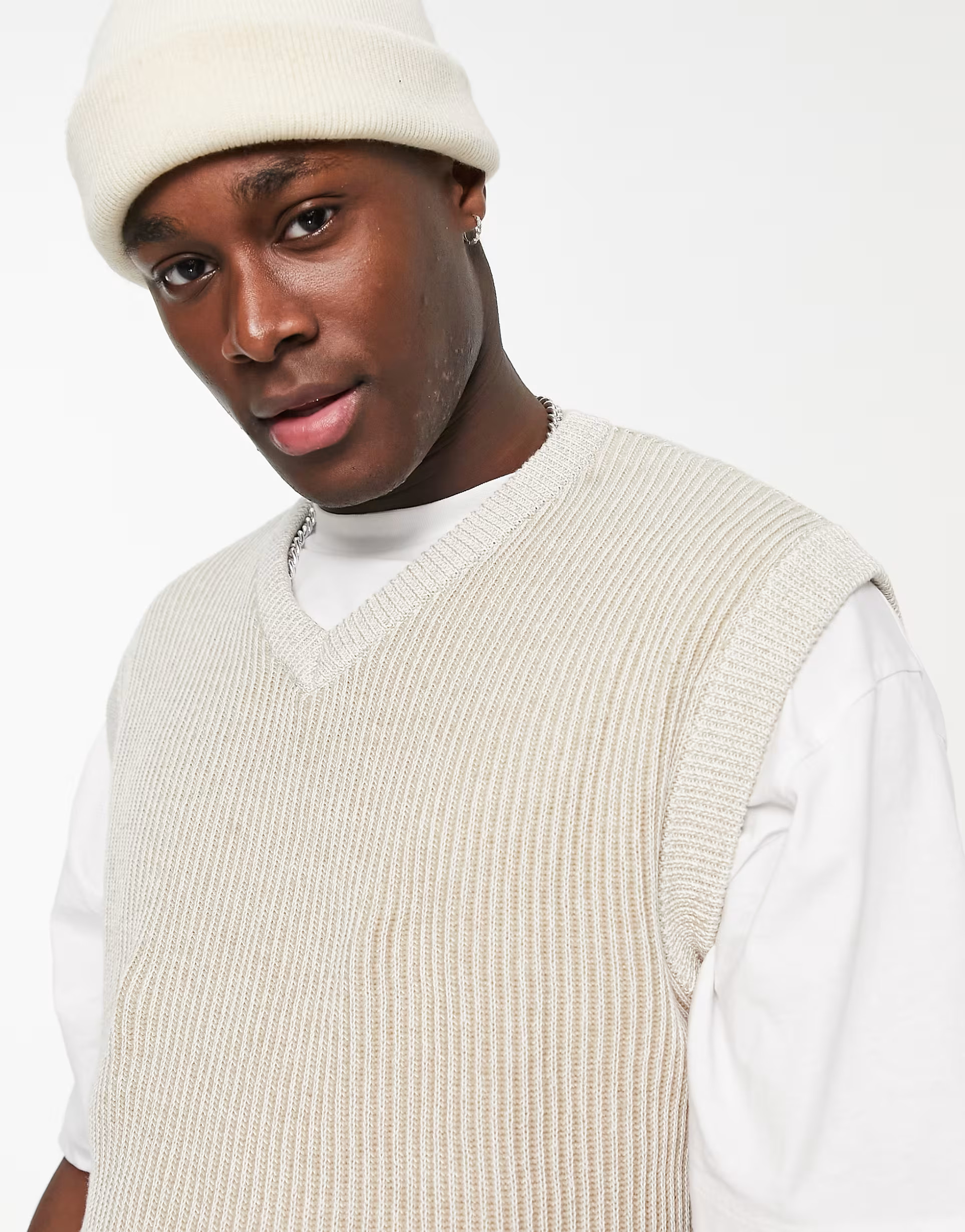 Jack & Jones Originals ribbed V-neck knit tank top in beige | ASOS (Global)