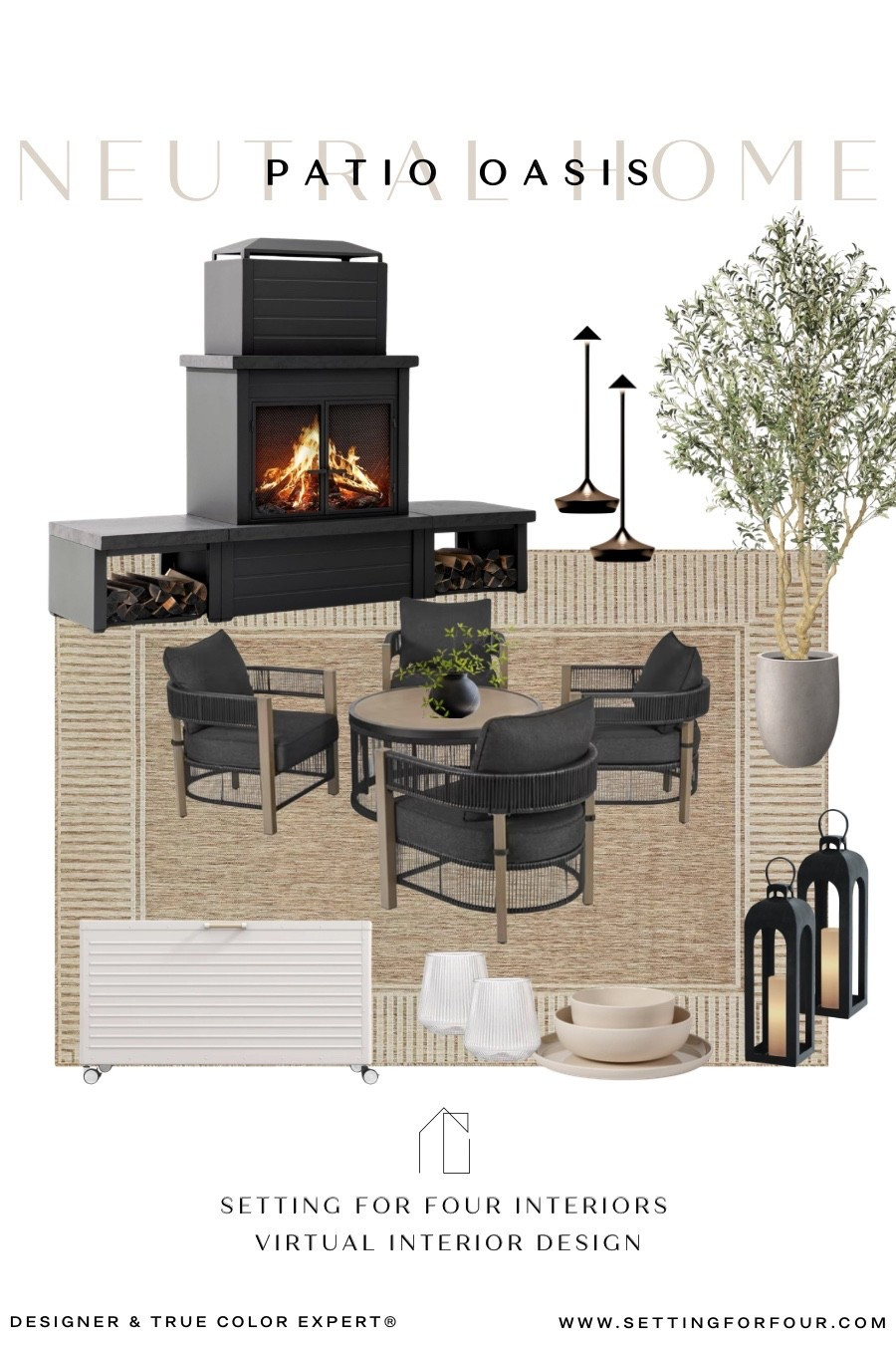 Patio oasis designer picks from Amazon, Walmart, Wayfair and Target- so affordable and stylish!
This outdoor fireplace is so gorgeous! Neutral aesthetic, sae, patio chat set, outdoor furniture, outdoor lamps, outdoor tree, patio storage box on wheels, lanterns, melamine plates, acrylic glasses, outdoor rug, beige and black, Pottery Barn style, restoration hardware style, cozy home, book a virtual interior design consult!