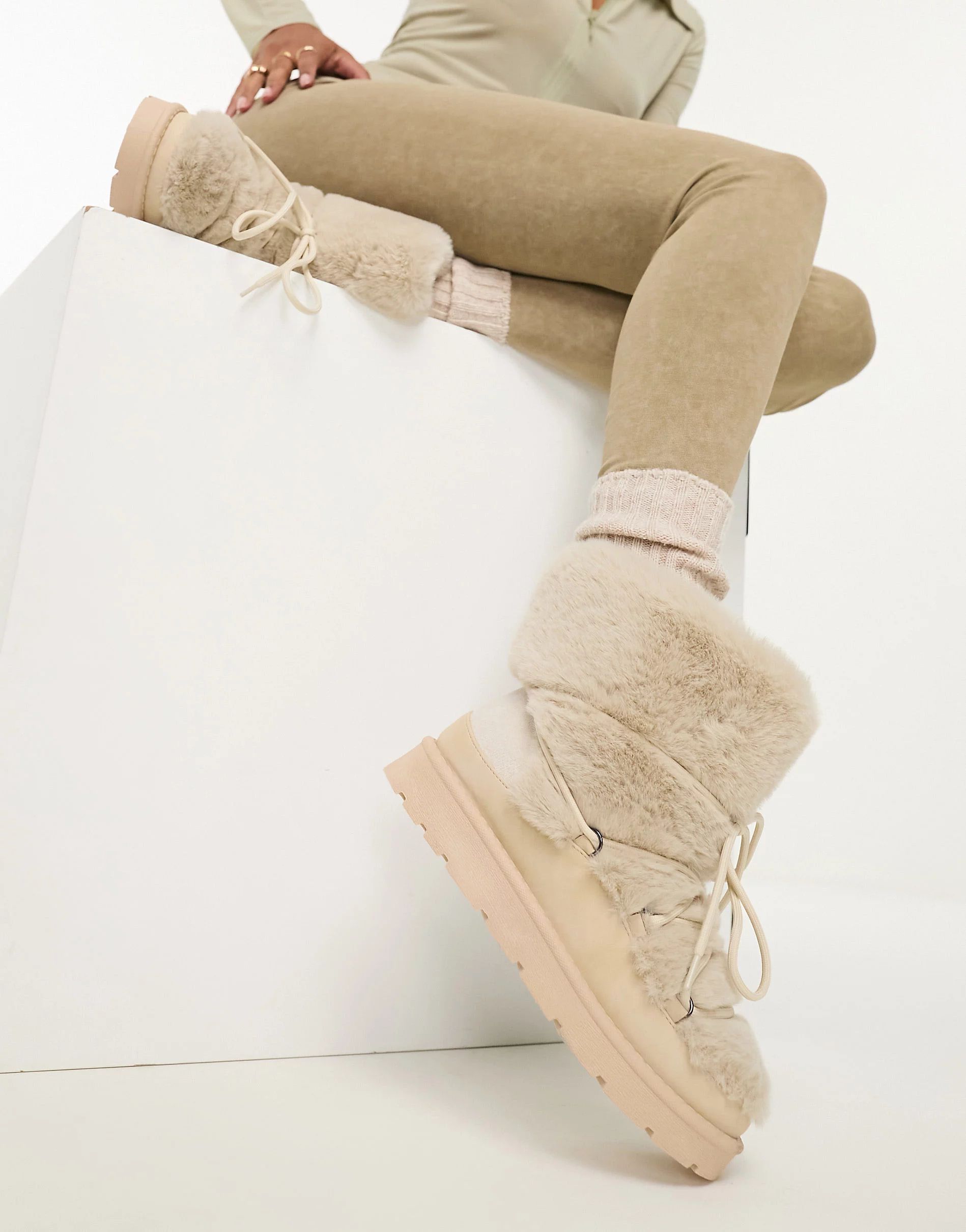 South Beach faux fur snow boots in beige | ASOS (Global)