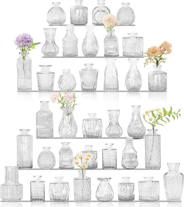 36Pcs Bud Vases Set Small Vintage Glass Bottles Clear Bud Vases in Bulk Multiple Shape Cute Glass... | Amazon (US)