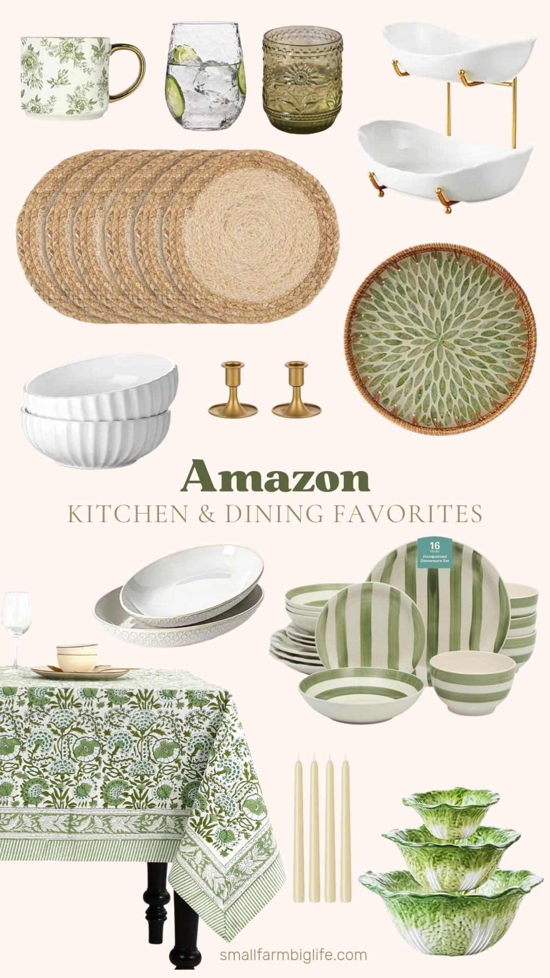 Classic meets cozy in the kitchen 🤍 These Amazon kitchen and dining favorites layer green florals, striped hand painted dinnerware, and timeless serving pieces with natural textures like rattan and woven placemats. Finished with gold candle holders, vintage style glassware, and ceramic bowls for an effortlessly styled table you’ll use year round. 

 #LTKfoodie #LTKHome