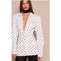 White Polka Dot Lapel Detail Button Down Cinch Waist Blazer, White Polkadot | PrettyLittleThing IE