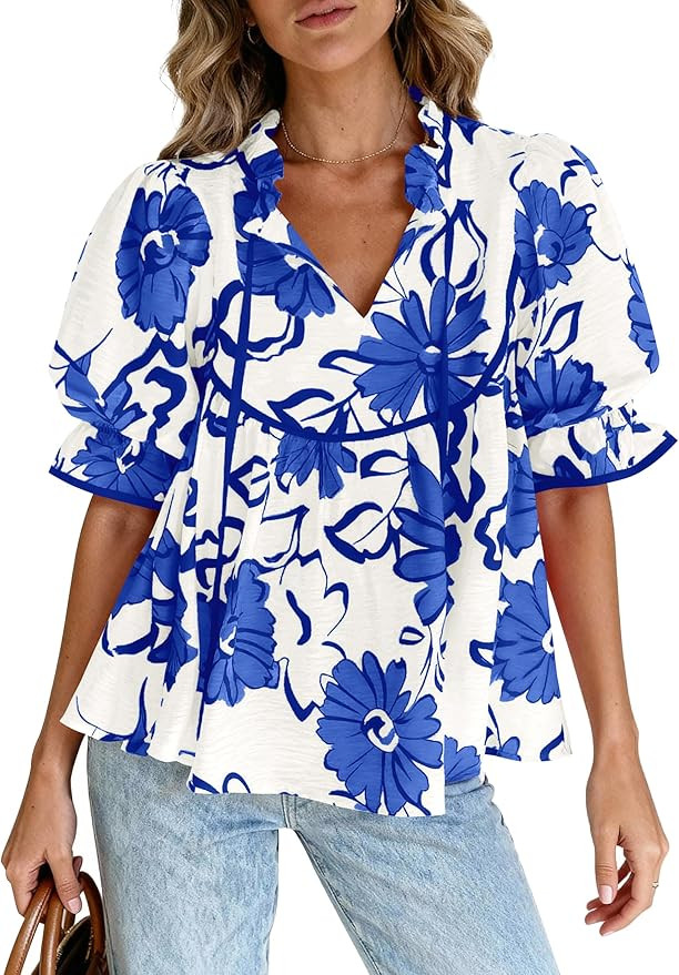PRETTYGARDEN Womens Summer Tops 2026 Cute Puff Sleeve Ruffle V Neck Babydoll T-Shirts Boho Floral... | Amazon (US)