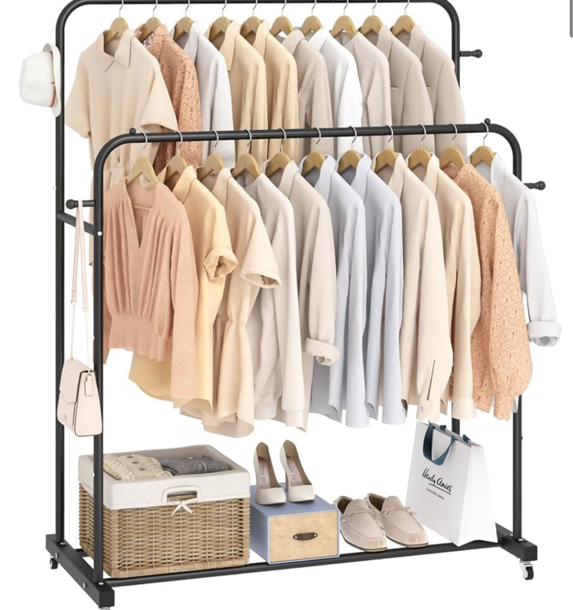 Laiensia Double Rods Garment Rack with Wheels, Clothing Rack for Hanging Clothes,4 Hooks, Multi-functional Bedroom Clothes Rack, Black

#LTKFindsUnder50 #LTKHome
