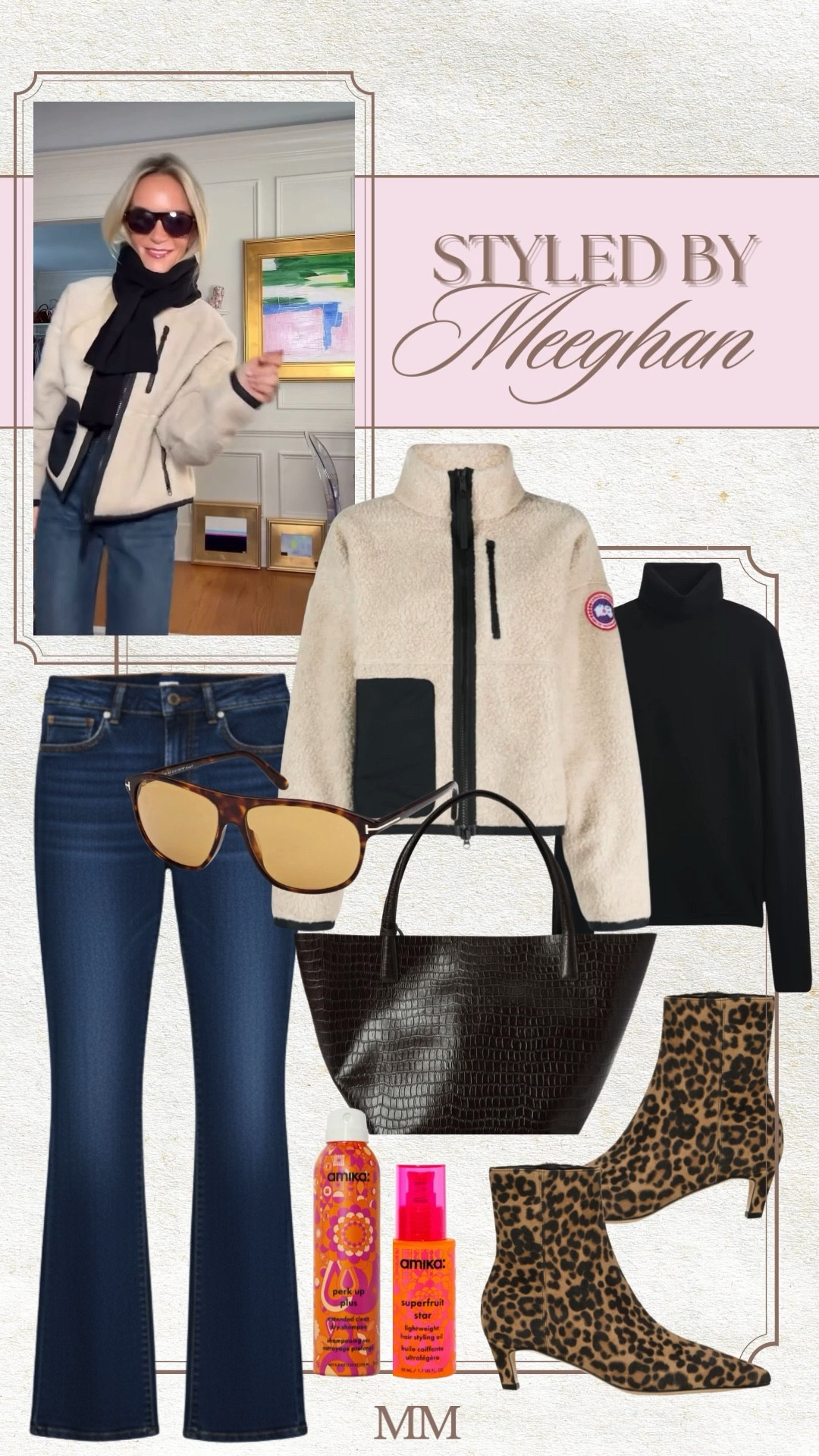 Outfit details with designer and classic brands that make everyday style feel elevated. Wearing a black fitted top from Gap styled with dark wash flare jeans for a flattering high waisted denim look. Layered with a warm Canada Goose jacket for a true cold weather staple, plus leopard ankle boots to add a fun statement while still reading neutral. Finished with Tom Ford sunglasses and a structured tote for a polished work to weekend vibe. Hair is finished with Amika for a smooth, glossy look. [Gap black top, dark wash flare jeans, high waisted flare jeans, Canada Goose jacket, winter outfit, cold weather outfit, everyday outfit, casual chic outfit, elevated basics, leopard ankle boots, leopard print boots, Tom Ford sunglasses, designer sunglasses, structured tote bag, tote bag, work outfit, travel outfit, coffee run outfit, Amika hair, haircare]

#LTKootd #LTKSaleAlert #LTKOver40