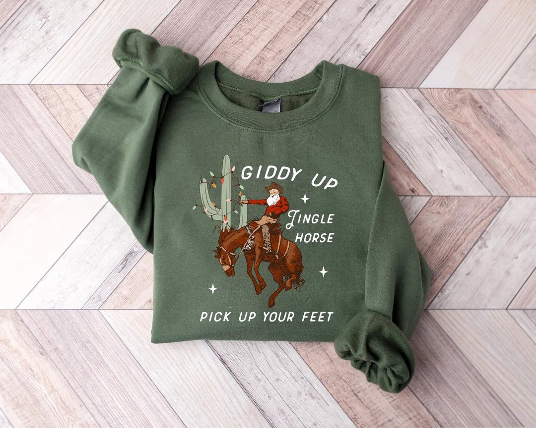 Cowboy Christmas Sweater Giddy up Jingle Horse Pick up Your - Etsy | Etsy (US)