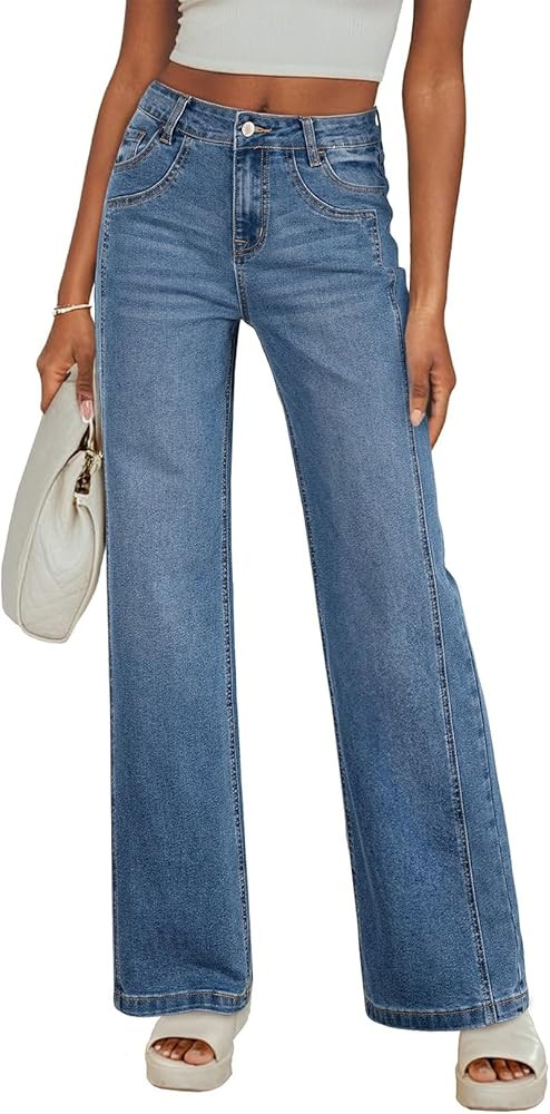 Sidefeel Women's Wide Leg Jeans High Waisted Stretchy Jeans Straight Leg Trendy Patchwork Loose F... | Amazon (US)