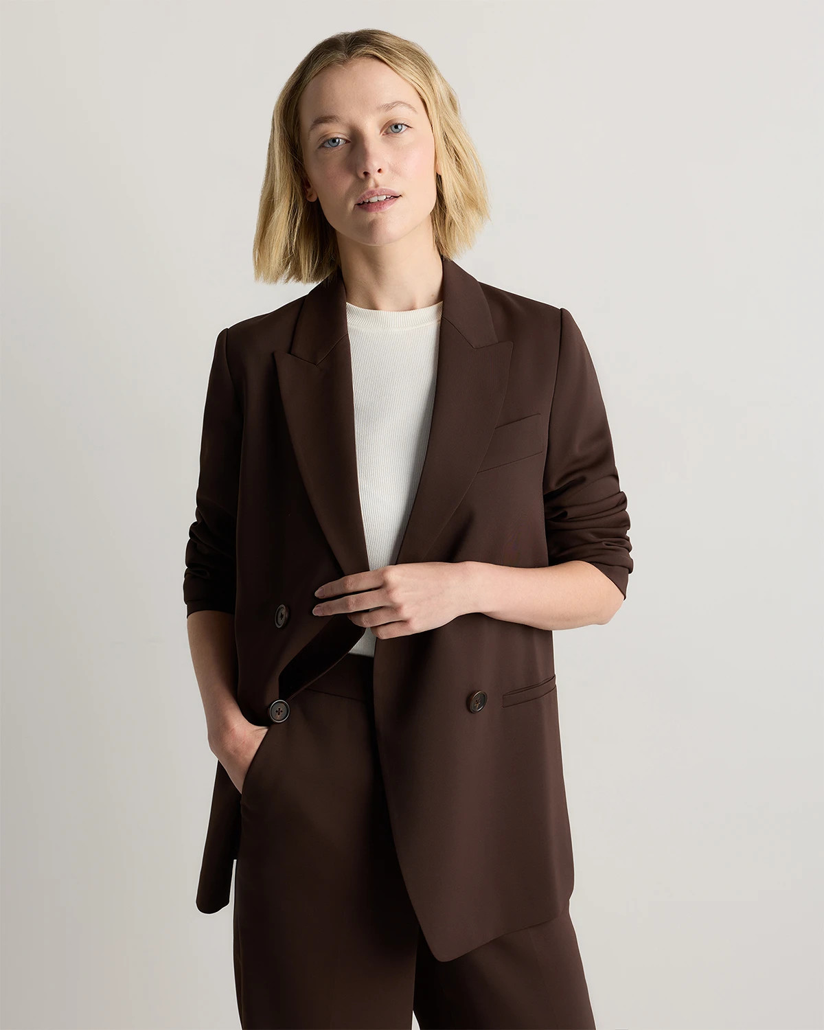 Stretch Crepe Relaxed Double-Breasted Blazer in Black | Quince