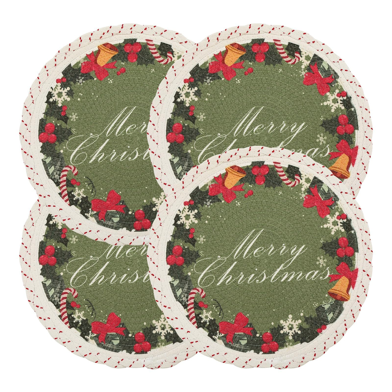 Lahome Round Christmas Placemats Set of 4,13 Inch Round Table Mats for Dining Tables Decorations,Heat Resistant Circle Place Mats for Kitchen Dining Holiday Party Winter Home Decor,Xmas Wreath | Amazon (US)