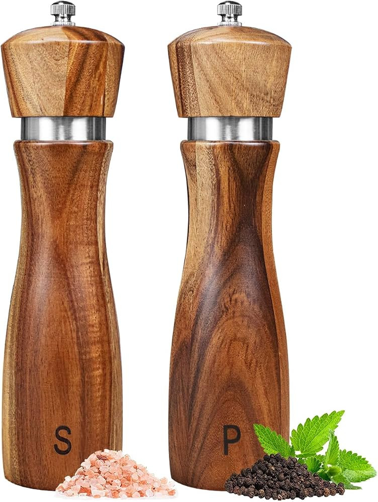 2 Pack Acacia Wood Salt and Pepper Grinder Set, Wooden Salt and Pepper Mill Set Salt and Pepper S... | Amazon (US)