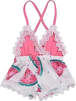 Summer Toddler Baby Girl Clothes Cute Watermelon Print Lace Trim Backless Romper Shorts Jumpsuit | Amazon (US)